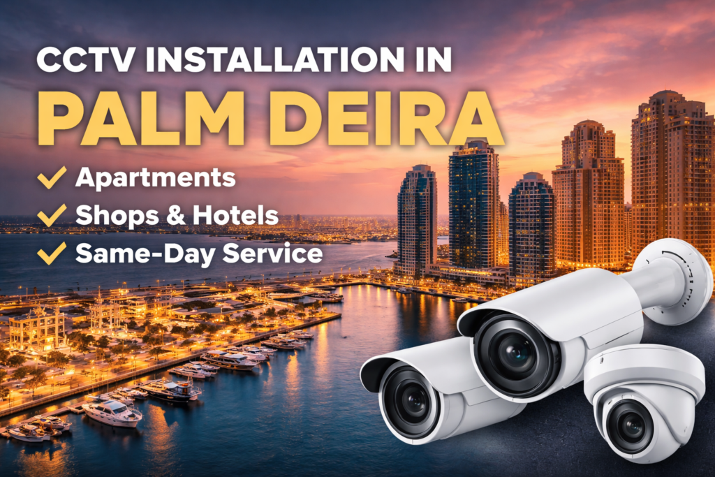 Professional CCTV installation in Palm Deira Dubai for residential buildings, shops, and commercial properties